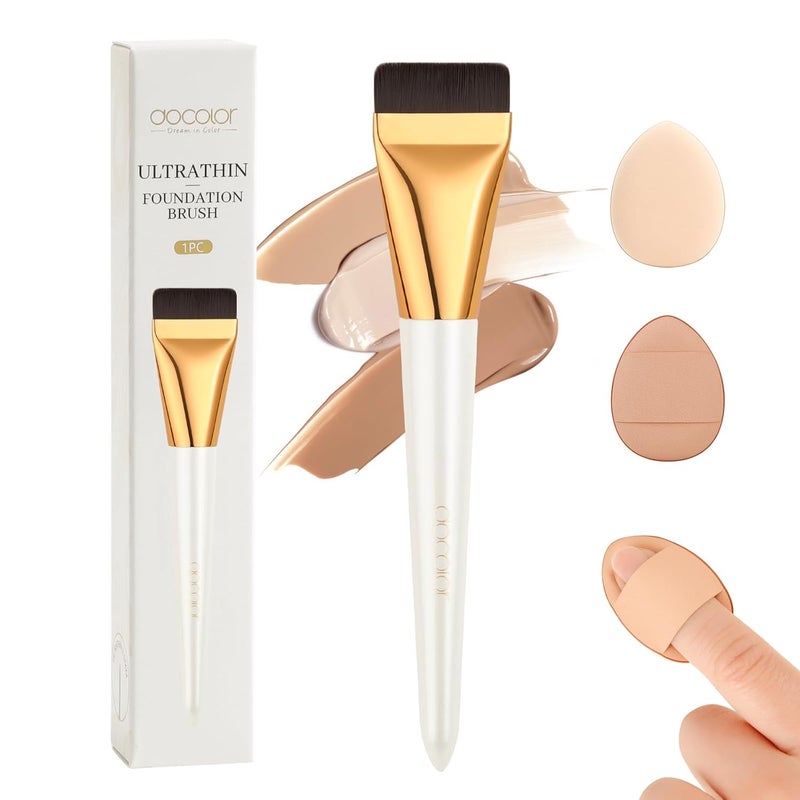 docolor Flat Foundation Brush for Liquid Makeup - 2Pcs Mini Powder Puff Set Premium Korean Makeup Brush for Blending, Cream Portable Finger Puffs Perfect for Under Eye Setting, Concealer - Image 1
